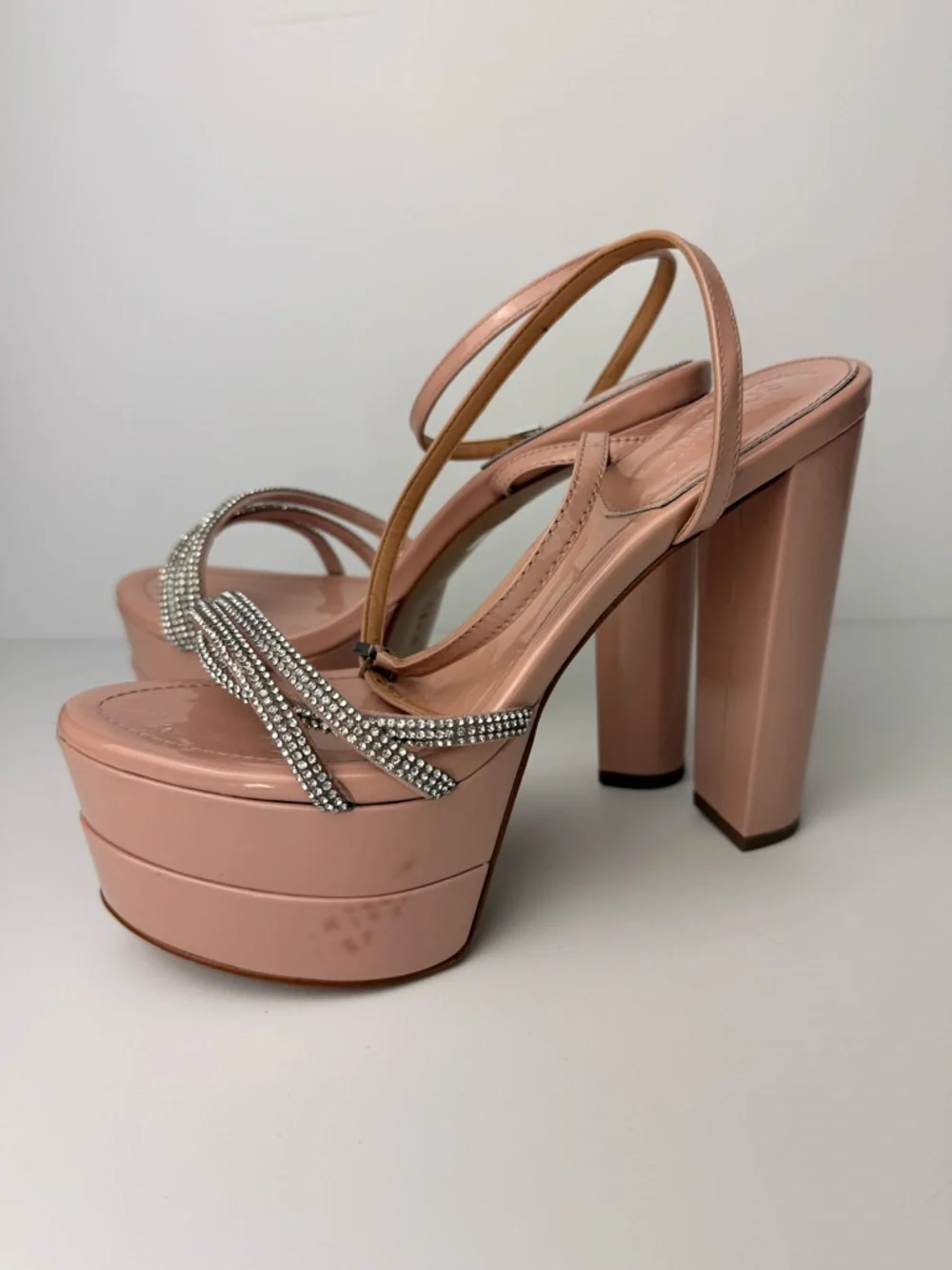 Schutz Piper Platform Heels 7.5B Sweet Rose Pink‎ Rhinestone Strappy Sandals